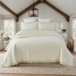 Brandream King Size Quilt Set Cotton Cream Pale Yellow Quilts Cottagecore Bedding All Season Ruffle Bedspread 3-Piece