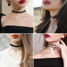 Febbya Choker Necklace Set,6Pack Stretch Necklaces Tattoo Choker for Teen Girls Women Elastic Velvet Black 28+7CM