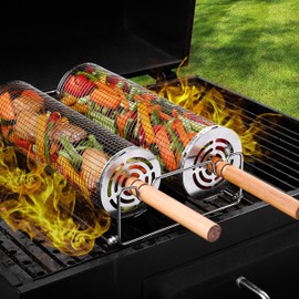 Rolling Grill Basket（2PCS） with Detachable Handle, 304 Stainless Steel BBQ Accessory for Vegetables and Meat, Suitable for Outdoor BBQ and Camping