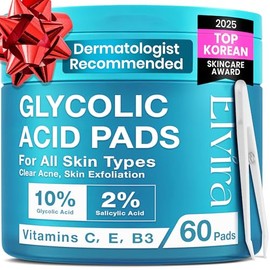 Elvira Glycolic Acid Exfoliating Facial Pads With 10% Glycolic Acid, 2% Salicylic Acid & Niacinamide - 60 Toner Pads, Daily Peel Treatment for Acne Prone Sensitive Skin