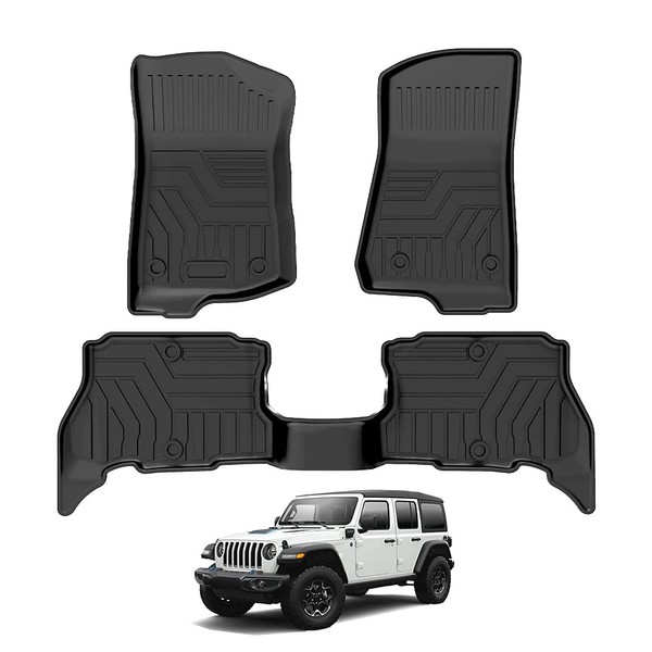 T TGBROS Floor Mats Custom Fit for 2021-2024 Jeep Wrangler 4XE(Not for 2 Door and JL Unlimited Models)  Accessories All Weather Protection TPE 2 Rows Floor Liners Set Non-Slip Black