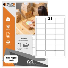 5 Sheets - 21 Labels Stickers Per Sheet, A4 White Sticky Labels, Address Labels 38.1 x 63.5 mm, Printable Sticker Paper Compatible with Inkjet & Laser Printers, Quick Dry