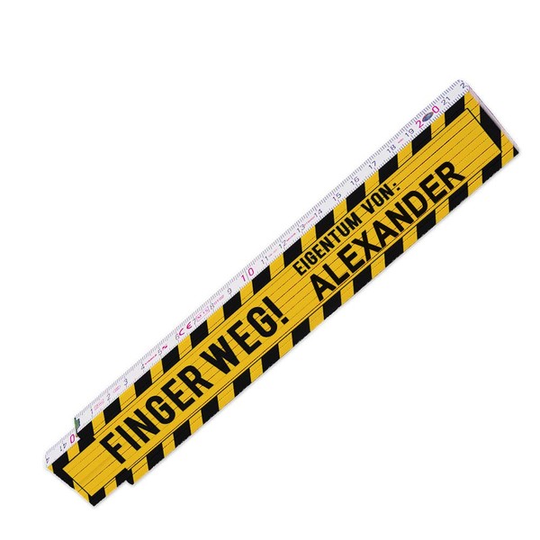Tape measure ruler with motif: "Finger weg", German text, joint