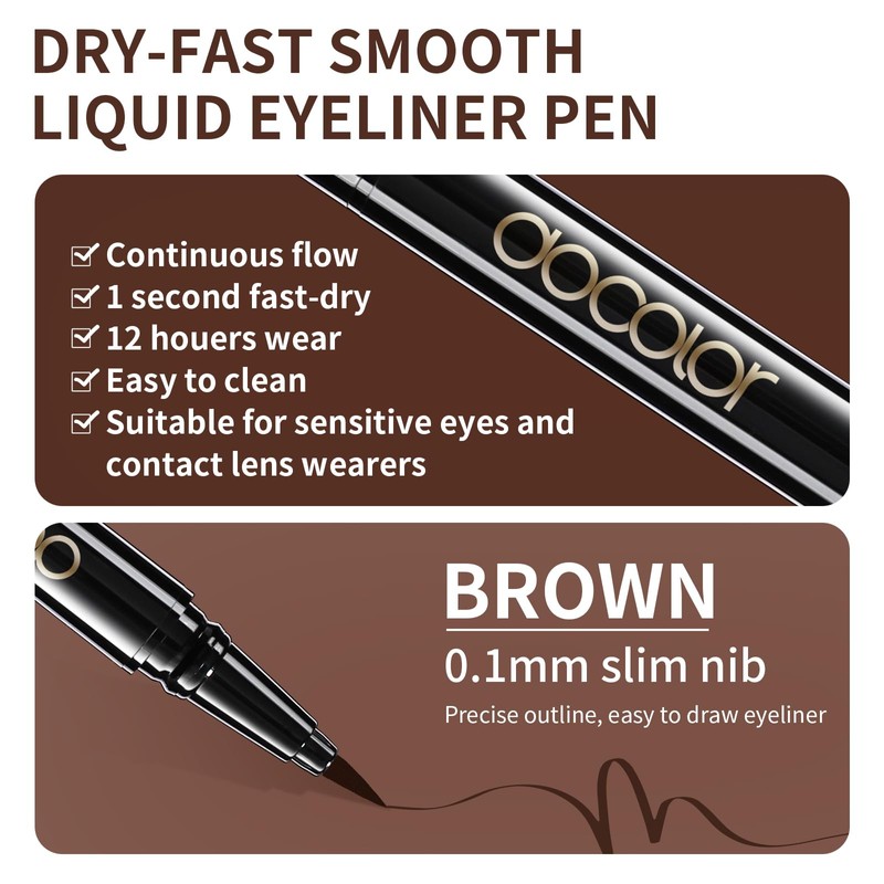 Docolor Ultra Fine Precision Brown Eyeliner, Professional Liquid Eyeliner, Waterproof