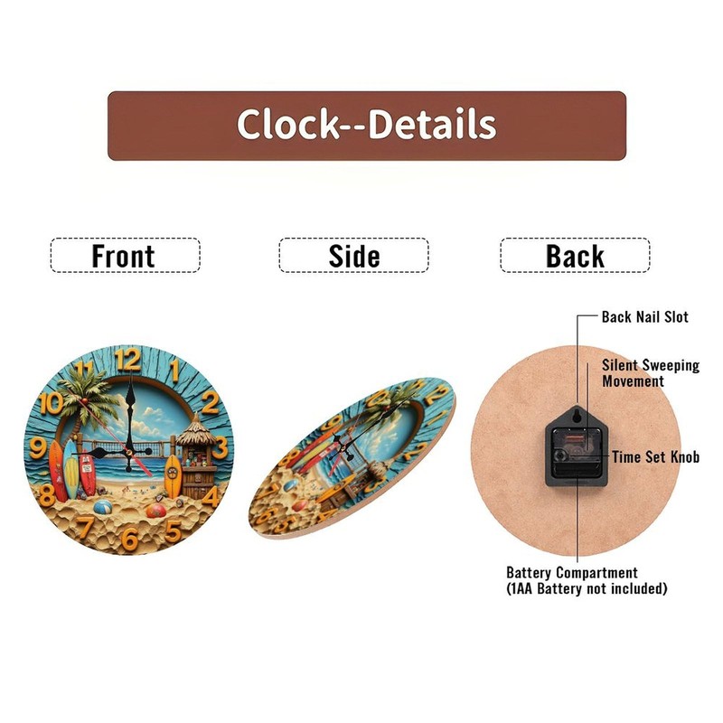 Lancholy Beach Theme Wall Clock Surfboard Decor 10-Inch Wooden Wall