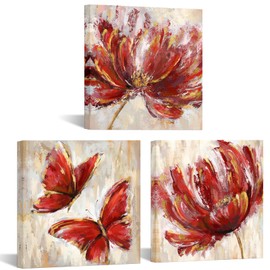 iKNOW FOTO 3 Pieces Teal Flower and Butterfly Canvas Prints Floral Oil Painting Gold Blue Wall Art for Bathroom Bedroom Ready to Hang Each Size 12x12 Inches (Red)