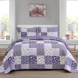 Mybedsoul Purple Quilt Set King Size Quilt Bedding Set Brown Plaid,3 Pieces Floral Patchwork Reversible Bedspread Coverlet Set for All Season,Soft Microfiber Bedding Set King 90"x104"