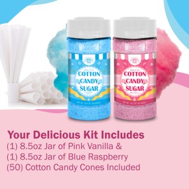 Cotton Candy Floss Sugar Package of ct-(Pink Vanilla, Blue Raspberry & Grape)-8.5oz Each Flavor (1 Count (Pack of 2 with cones))