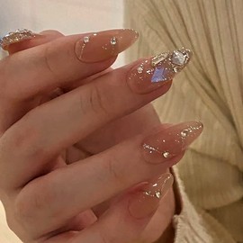 Press on Nails Pointed Medium Length, 24 Pcs Natural Glossy Full Cover Reusable False Nails with Sticky Tabs, Artificial Acrylic Fake Nails with Rhinestone Designs, Stick on Nails with Charm for Women