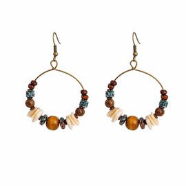 Boho Beaded Hoop Earrings for Women Vintage Wood Bead Shell Turquoise Dangle Earrings Ethnic Tassel Charms Drop Earring Western Statement Jewelry Gifts (Shell)