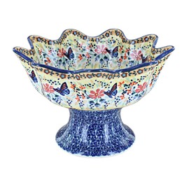 Blue Rose Polish Pottery Blue Butterfly Pedestal Fruit Bowl