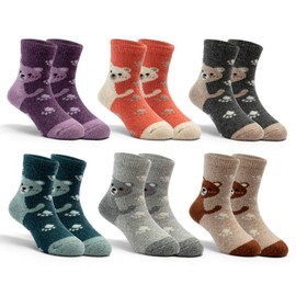 Mardonskey Big Kids Wool Socks Girls Winter Warm Socks Thicken Thermal Crew Socks for Girls Bears 6 Pairs 8-10 Years