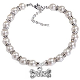 CVNRCLP Adjustable Pearl Dog Necklace with Diamond-Studded Bone Pendant - Elegant Pet Jewelry Collar, White