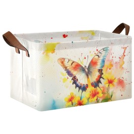 Butterfly Storage Basket Bin Colorful Butterflies Flower Organizer Basket Collapsible Shelf Basket Cube With Leather Handle Watercolor Painting Floral Toy Storage Box Laundry For Nursery Home Decor