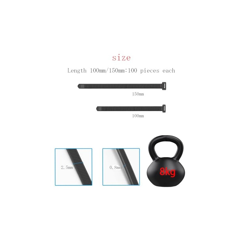 EzySup Assorted Cable Ties,Plastic Zip Ties,100/150/200/250mm,300 Pieces,Black