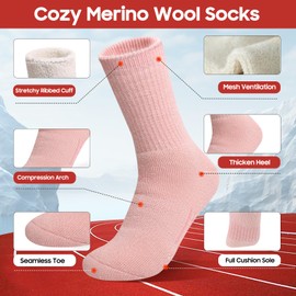 ElifeAcc Merino Wool Thermal Compression Socks for Women - Performance Warm Thick Winter Boot Socks with Cushioned Support for Outdoor Walking and Hiking 3 Pairs（Grey/Pink/Navy）