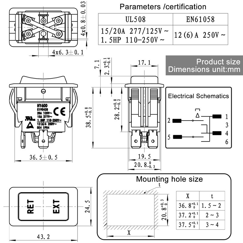 HY60D Rocker Switch RET-EXT 4-Pin 20A 125V (ON-Off-ON) - Compatible