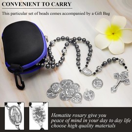Aswitnove 8mm Hematite Rosary Beads Catholic for Men, Obsidian Rosary Necklace for Men with Jesus Christ Crucifix 10 St Benedict Medals Rosarios Catolicos Religious Black Rosary Amulet Gifts B Silver
