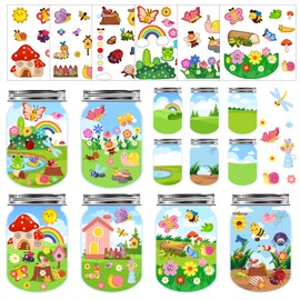 24Set Spring Craft Kits for Kids Make A Summer Bugs Stickers Scene, DIY Summer Craft Jar Sticker Butterfly Flower Bee Mushroom Insect Bulk Set Make Your Own Scene for Home Classroom Game Activities