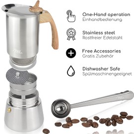Milu Espresso Maker Suitable for Induction | 2, 4, 6, 9 Cups | Stainless Steel Mocha Pot, Espresso Pot, Espresso Maker Set Including Coaster, Spoon (Handle: Wood Look, 9 Cups (450 ml))