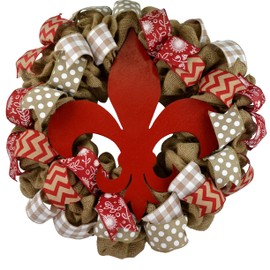 Everyday Front Door Wreath - Fleur de Lis Burlap Door Decor - Mother Christmas Gift | Red White