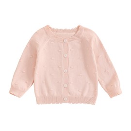 Kids Little Girls Button Front Crop Sweater Cardigan Solid Color Crew Neck Long Sleeve Knit Spring Fall Tops (Pink, 4-5 Years)