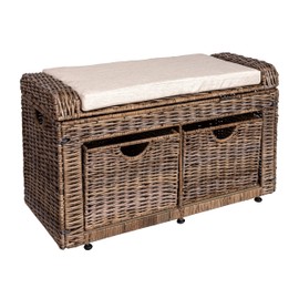 happimess HPM9104A Palermo 34.50" 2 Drawer Wicker Storage Bench, Rattan/Iron/Linen, Coastal, Rustic, Transitional for Office, Dorm Room, Living Room, Bedroom, Dining Room, Gray