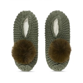 MeMoi Women's Pompom Recycled Knit Sherpa Lined Slippers Moss Green 9-11