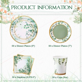 Pickmesh 250 Pcs Sage Party Disposable Tableware Set Paper Plates and Napkins Cups Supplies Tea Party Theme Dinner Dinnerware for Birthday Bridal Baby Shower Wedding Decoration Serves 50