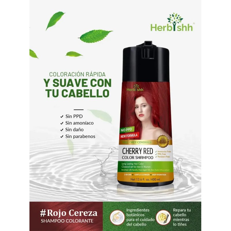 Shampoo Tinte Cubre Canas Rojo Cereza Herbishh 400ml