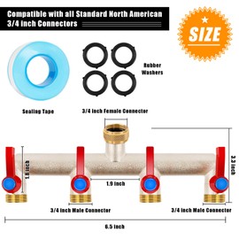 Brass Garden Hose Splitter, 3/4" Hose Splitter 4 Way Heavy Duty with Extension Handles, Outdoor Faucet Splitter Water Spigot Splitter with Individual On/Off Valve