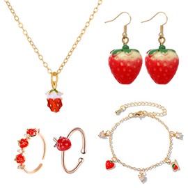 5Pcs Red Strawberry Jewelry Set for Women.Strawberry Pendant Necklace,Strawberry Ring,Strawberry Earring, Strawberry Bracelet, Imitation Fruit Jewelry, Acrylic, alloy