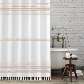 Seasonwood Beige Shower Curtain Boho Stripe Shower Curtains with Tassel Farmhouse Shower Curtain for Bathroom 72 X 72 Inches