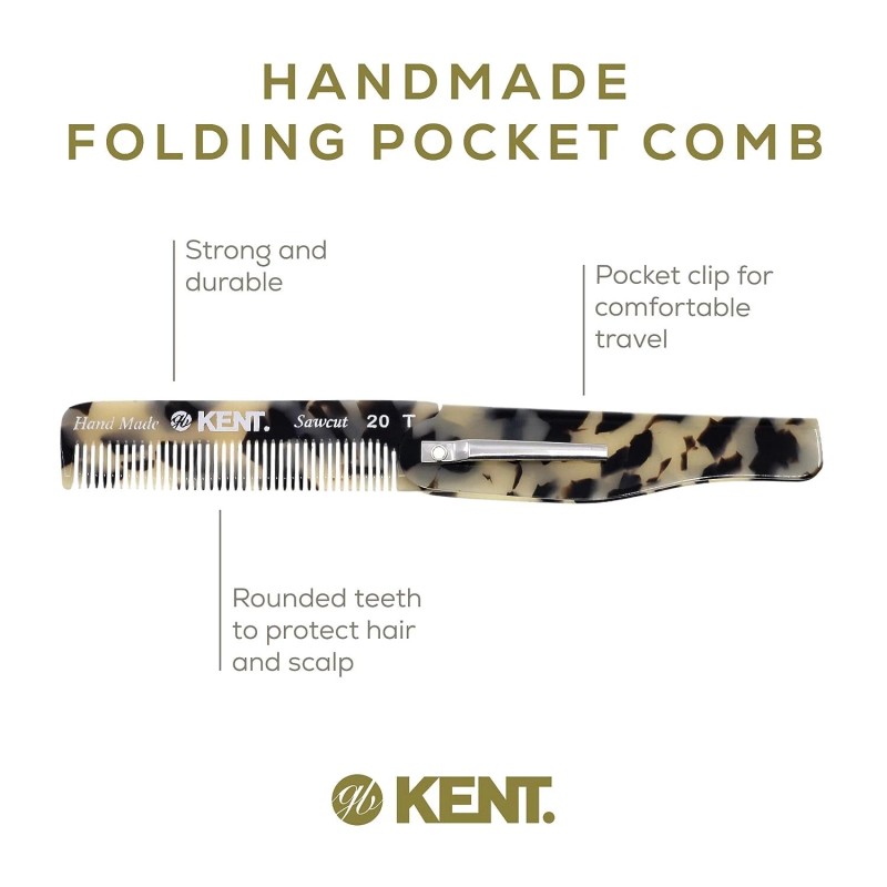 Kent 20T Handmade Folding Pocket Comb for Men, Fine Tooth
