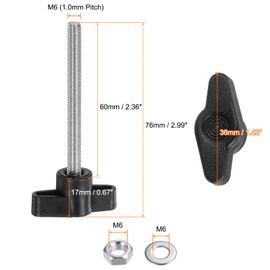 HARFINGTON 8pcs Tee Wing Knobs M6 x 60mm Metric 304 Stainless Steel Threaded Stud 36mm Z/T Head Plastic Handles Thumb Screws Hand Clamping Knob Grip Thumbscrew with Nuts Washers, Black