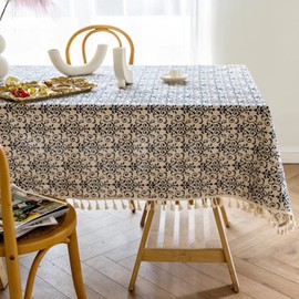 YUURAIN VUVU Blue and White Porcelain Pattern Cotton Linen Fabric, Stitching Tassel Rectangle Tablecloth for Kitchen | Dining | Tabletop | Decoration | Tea Party | Weddings | Farmhouse (55x86 Inches)