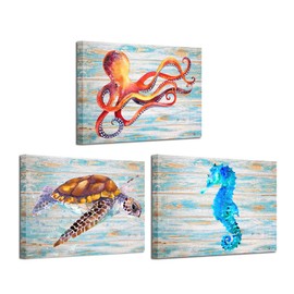 KREATIVE ARTS 3 Pieces Canvas Prints Wall Art Octopus Turtle Blue Hippocampal Pictures on Vintage Wood Style Printed on Canvas Sea Animals Art Work for Walls 12x16inchx3pcs
