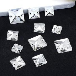 JINJIAO Flatback Sew On Rhinestone,75Pcs Square Shape Sew On Crystal Mixed Size Glass Sewing Gems with Holes for Clothes Shoes Costume Garment DIY Crafts，Crystal