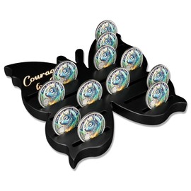 Recovery Butterfly Sobriety Coin Holder - Courage to Change AA Coin Display Case - Black Solid Wood AA Chips and Medallions Rack Stand - 7 Row 20 Token Celebrate Milestone Alcoholics Anonymous Gifts