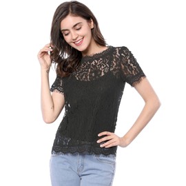 Allegra K Women's Lace Floral Scalloped Trim Short Sleeve Semi Sheer Top Blouse Large Black