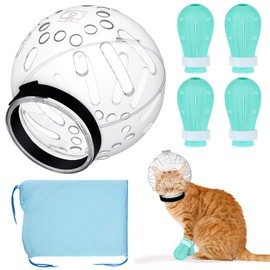 PETKNOWS Cat Helmet for Grooming - Adjustable Hood Bubble Helmet with Boots Paw Covers and Bath Bag for Cat Dog Pet Bathing Shaving