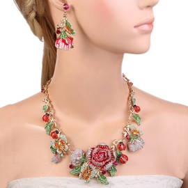 EVER FAITH Crystal Enamel Flower Cluster Butterfly Ladybug Insect Necklace Earrings Set Pink Gold-Tone