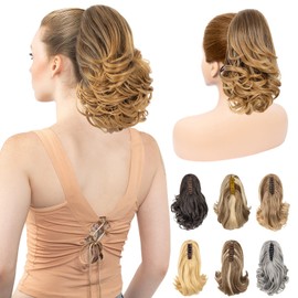 LuxeHair 11” Classic Loose Curly Claw Clip In Ponytail Extension, Short Curly Wavy Claw Clip On Ponytails Hair Extensions Hairpieces for Women- Dark Brown/Golden Blonde End