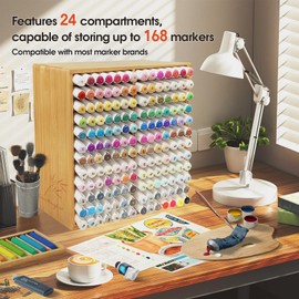 TIKSPCAE Marker Organizer for 168 Markers,Bamboo Wooden Desk Storage Organizer Rack,Markers Pens Pencils Art Brushes Storage Holder for Home Classroom Office Decor