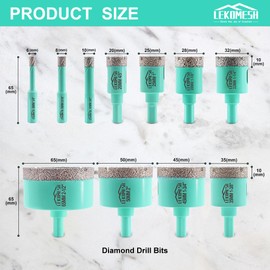 Diamond Core Drill Bits Set - LEKOMESH Tile Hole Saw Kit (6/8/10/20/25/28/32/35/45/50/65mm) for Porcelain Tile Ceramic Marble Brick, Triangle Shank Drill Bits