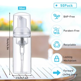 50 Pcs Foam Pump Bottle Dispenser,1.7oz/50ml Refillable Plastic Travel Foaming Bottles for Packaging Liquid Cleaning Hand Soap Shampoo Lash Cleanser(Transparent)