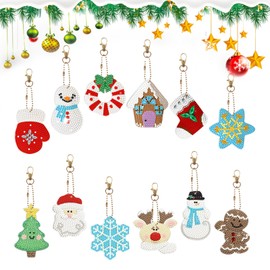 12 Pcs Christmas Diamond Painting Keychains Kit Xmas 5D DIY Diamond Art Keyrings Kits Diamond Rhinestone Cross Stitch Embroidery Painting Keychains Full Drill Crystal Key Chains for DIY Crafts Decor