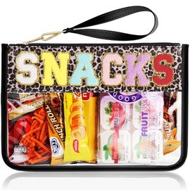 TESAFNG Snack Bag for Travel - Clear Chenille Varsity Letter Flat Pouch with Zipper, Waterproof Clear PVC&PU Preppy Patch Makeup Cosmetic tote Bags for Women Girls (Leopard-Snacks)
