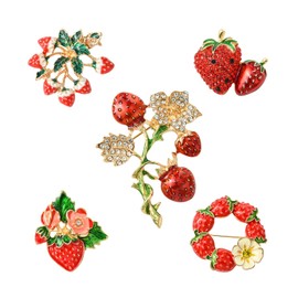 Ipotkitt Pack of 5 5 Styles Strawberry & Flower Enamel Brooches Cute Fruit Rhinestone Pins 3D Food Metal Badge for DIY Craft Accessories Backpack Decor