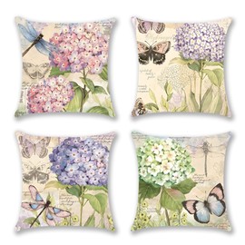 Hydrangea Flowers with Butterfly Pillow Covers 18x18,Outdoor Flower Pillow Case, Summer Cushion Case Garden Floral Cushion Covers for Holiday Home Seasonal Party Summer Decoration, 4 Pack